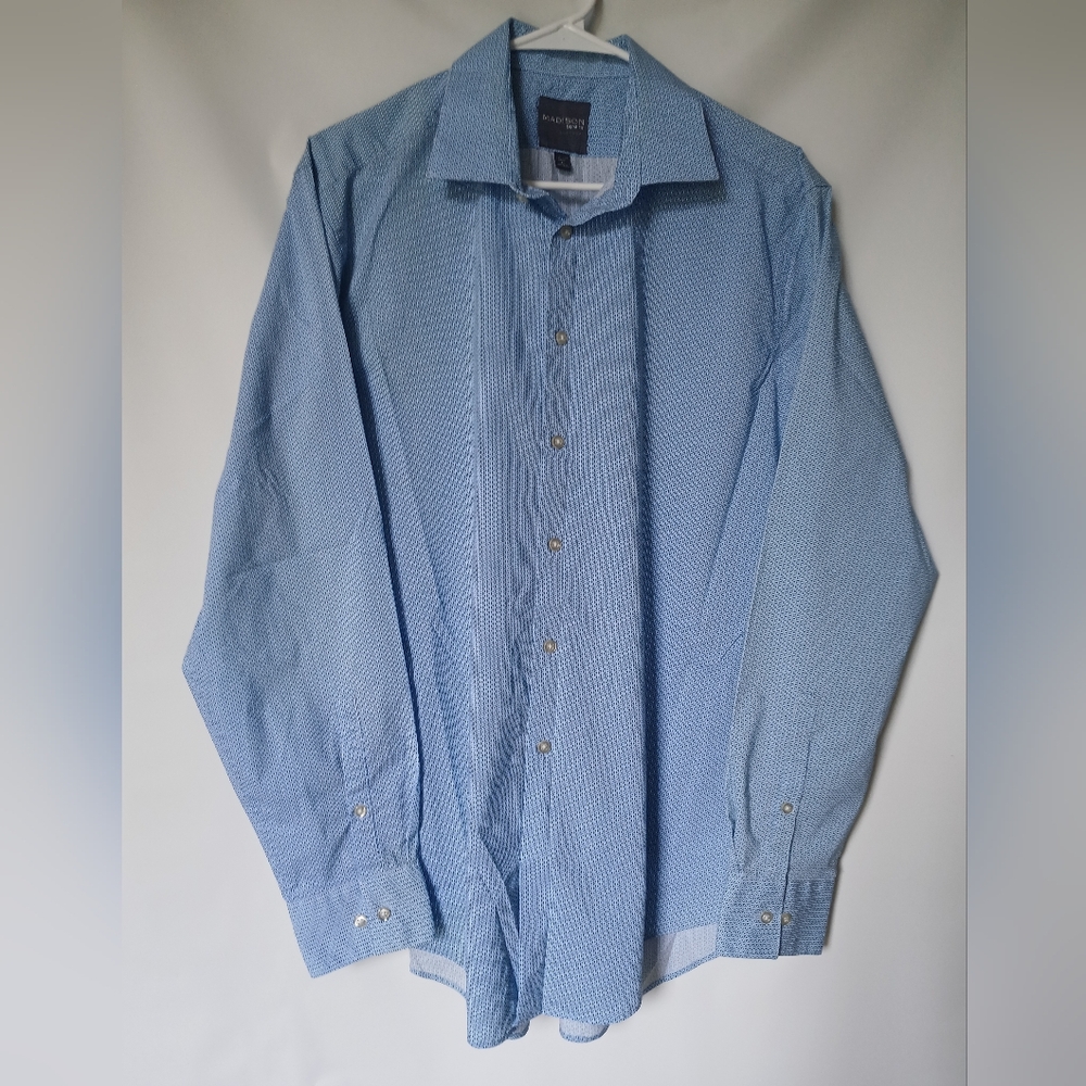 Madison Men Slim Fit Long Sleeve Shirt Size L 16-16 1/2 Color Blue White Pattern